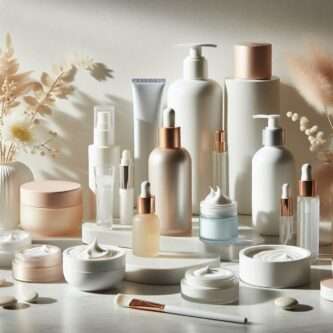 Skincare products available in Kenya, including moisturizers, serums, sunscreen, and face masks, displayed elegantly on a clean surface.