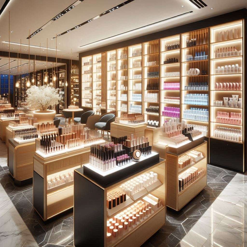Interior of one of the best cosmetic shops in Nairobi, featuring neatly arranged shelves of makeup and skincare products with luxurious lighting.