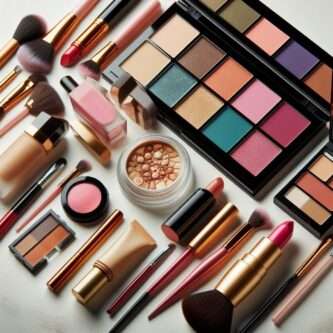 A complete makeup kit featuring foundations, lipsticks, eyeshadows, blush, and brushes arranged neatly on a white surface, showcasing affordability and elegance.