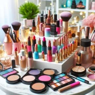 A collection of cosmetics products in Kenya, featuring lipsticks, foundations, eyeshadow palettes, and skincare items displayed on a sleek countertop.